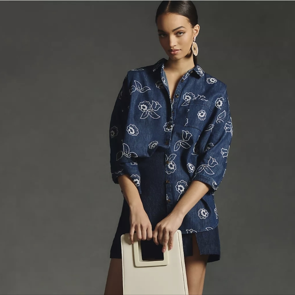 Maeve Anthropologie Oversized Embroidered Shirt